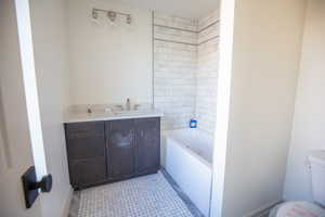 Full bath featuring vanity and shower / tub combination