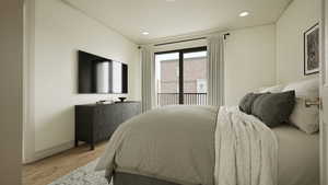 Rendering - Bedroom with wood finished floors, access to outside, and recessed lighting