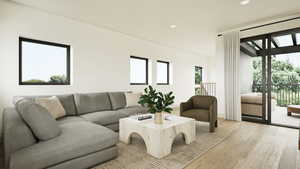 Rendering - Living room featuring wood finished floors and recessed lighting