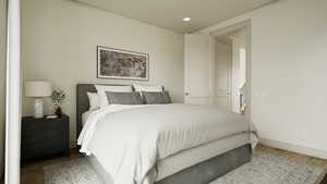 Rendering - Bedroom with wood finished floors and recessed lighting