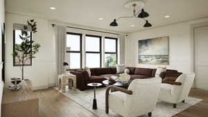 Rendering - Living area featuring recessed lighting and wood finished floors