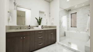 Rendering - Full bath featuring a shower stall, double vanity, recessed lighting, light marble finish floors, and a bath