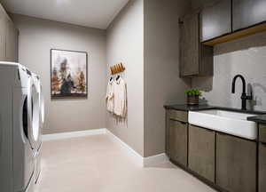 Washroom with cabinet space and independent washer and dryer