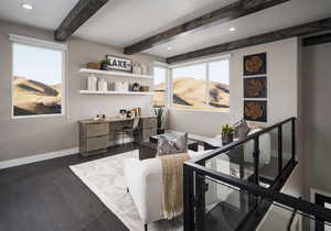 Sitting room featuring a mountain view, dark wood-type flooring, beamed ceiling, recessed lighting, and an upstairs landing
