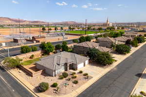 Aerial view of residential area with mountains