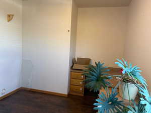 Spare room with baseboards and dark wood-type flooring