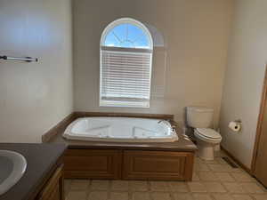 Full bathroom with a tub with jets and vanity