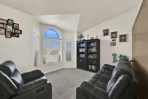 Living room with lofted ceiling and light carpet