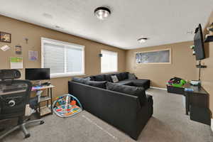 Living room featuring carpet, an office area, and a textured ceiling