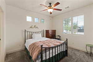 Bedroom featuring multiple windows, dark colored carpet, and ceiling fan