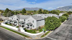 Aerial perspective of suburban area featuring mountains