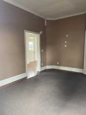 Spare room with crown molding and carpet floors