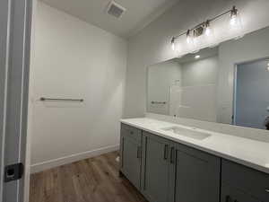 Full bath featuring vanity, light wood-style flooring, and a shower