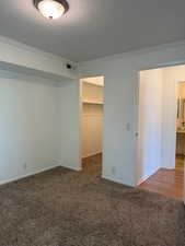 Unfurnished bedroom featuring a walk in closet, ornamental molding, and dark colored carpet