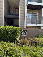Community sign with a balcony