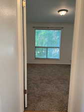 Unfurnished room featuring crown molding and carpet floors