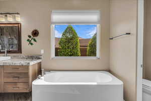 Bathroom with a freestanding bath, vanity, and dark wood finished floors