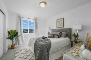 Bedroom featuring carpet and a closet