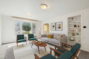 Living area with carpet and built in features