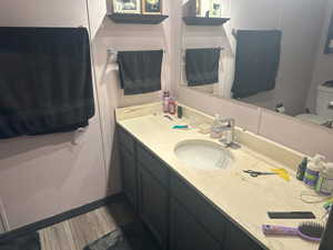Bathroom with vanity and wood finished floors