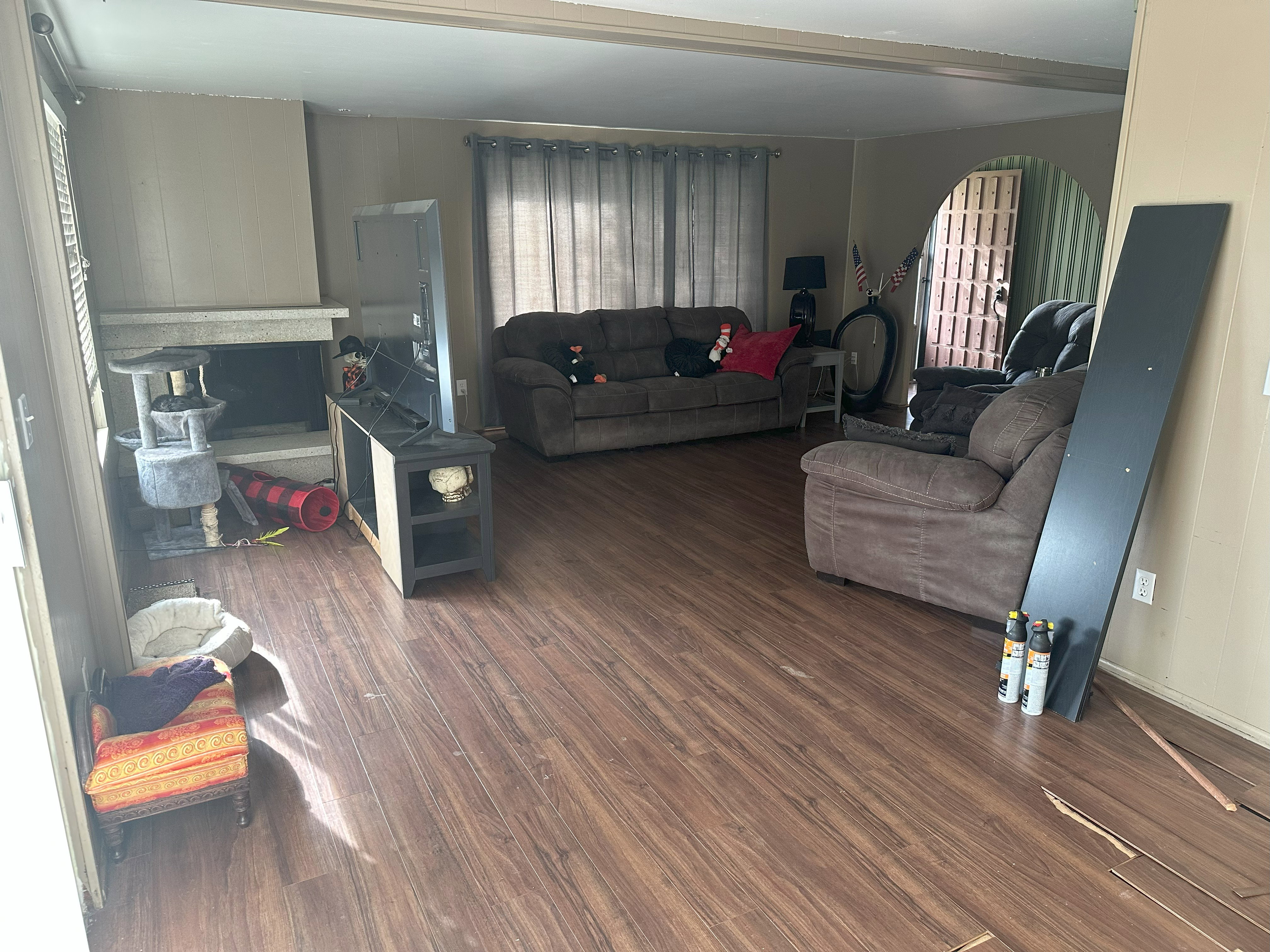 Living area with dark wood-style floors and plenty of natural light