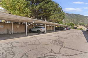 Covered parking lot with a mountain view