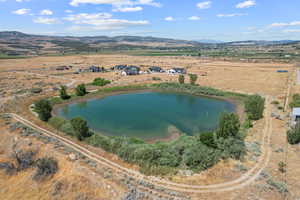 Overview of rural landscape with a water and mountain view