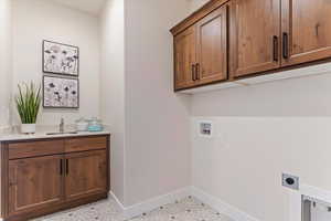 Laundry room featuring cabinet space, electric dryer hookup, and washer hookup
