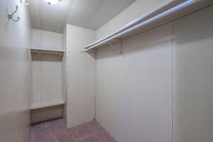 Walk in closet with carpet floors