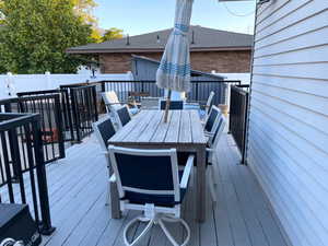 Wooden deck featuring outdoor dining space