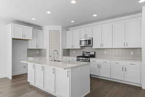Kitchen featuring tasteful backsplash, recessed lighting, white cabinetry, stainless steel appliances, and an island with sink
