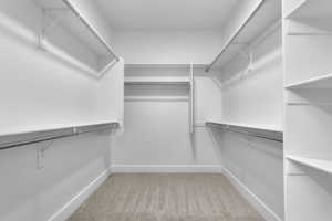 Walk in closet with light colored carpet