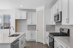 Kitchen featuring stainless steel appliances, dark wood-style flooring, white cabinets, and recessed lighting