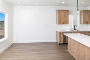 Kitchen featuring recessed lighting, dark wood-style flooring, stainless steel dishwasher, pendant lighting, and light stone counters