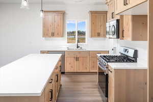 Kitchen with light brown cabinets, stainless steel appliances, pendant lighting, and dark wood finished floors