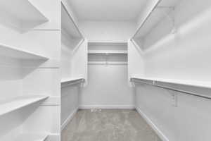 Walk in closet with light carpet