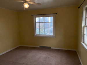 Empty room featuring carpet, ornamental molding, and ceiling fan