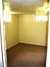 Basement with dark colored carpet and baseboards