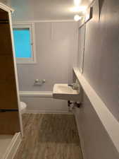 Bathroom with dark wood-style floors and toilet