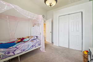 Carpeted bedroom featuring a closet and baseboards