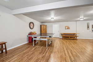 Rec room with a textured ceiling and light wood-type flooring