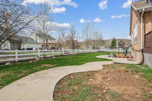 Fenced backyard with a residential view