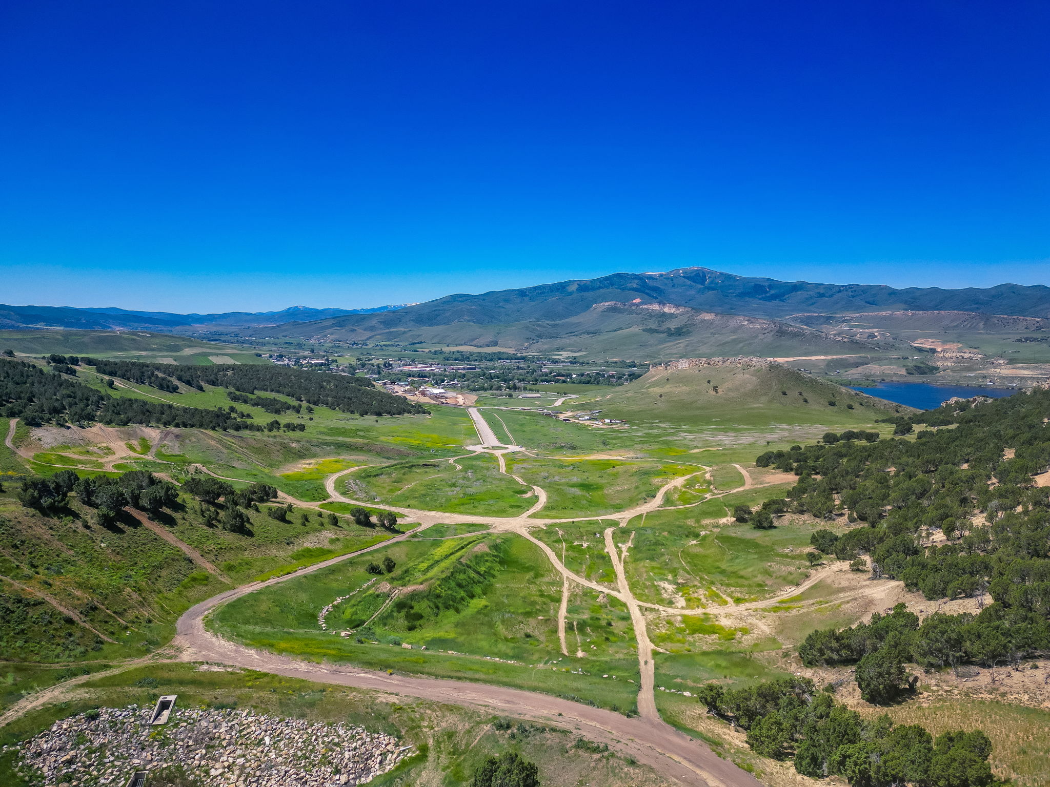 Drone / aerial view of a mountainous background