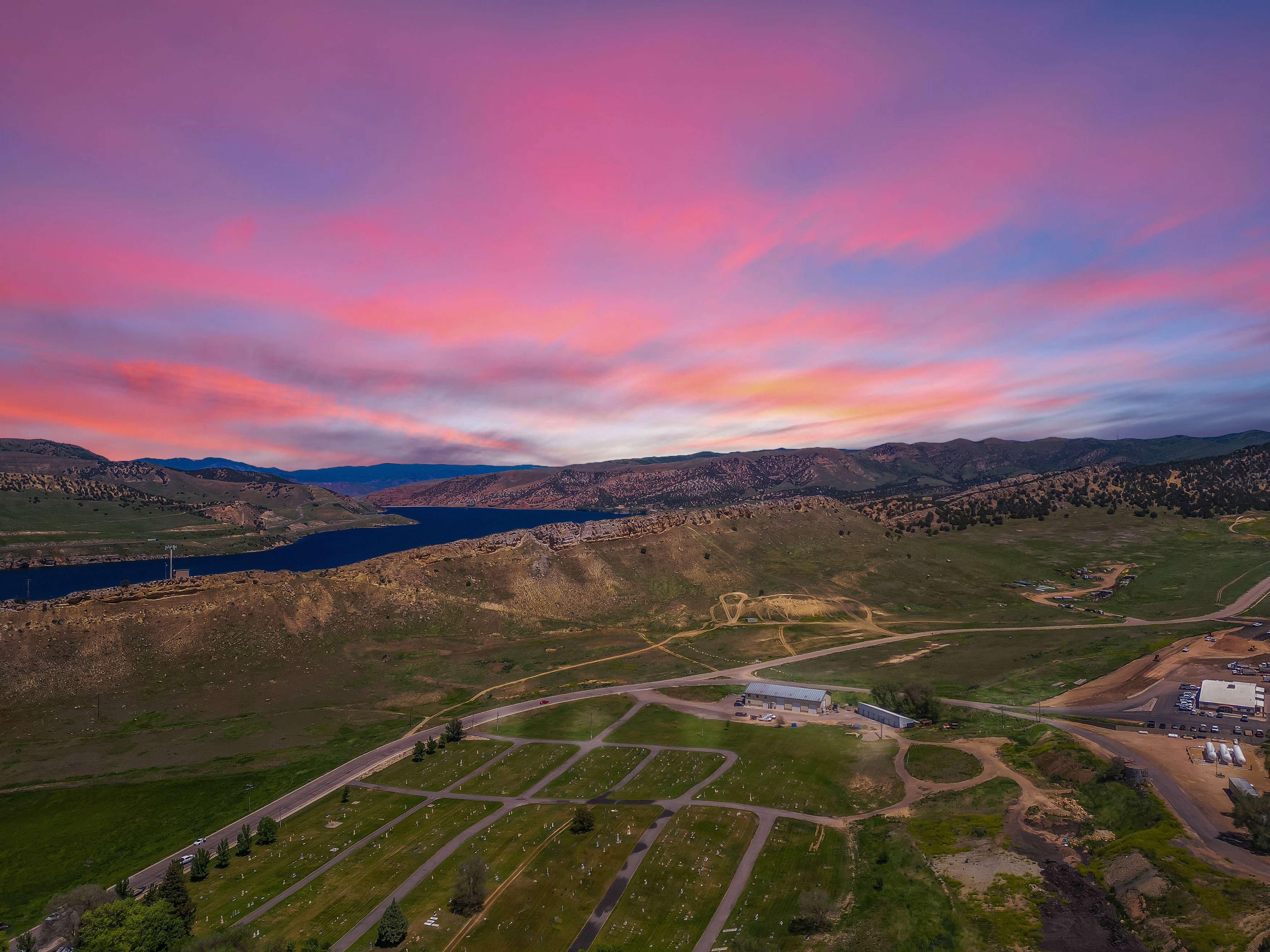 Aerial view at dusk of a mountain view