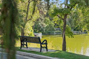 View of community featuring a water view and view of scattered trees