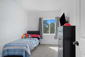 Bedroom with light colored carpet and baseboards