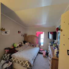 Carpeted bedroom with a textured ceiling and crown molding