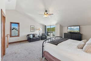 Bedroom featuring vaulted ceiling, light carpet, access to exterior, a ceiling fan, and a textured ceiling
