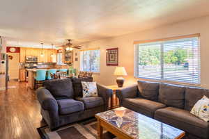 Living area featuring wood finished floors and ceiling fan