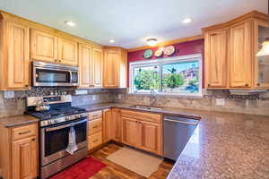 Kitchen with stainless steel appliances, dark stone counters, dark wood-style flooring, backsplash, and recessed lighting